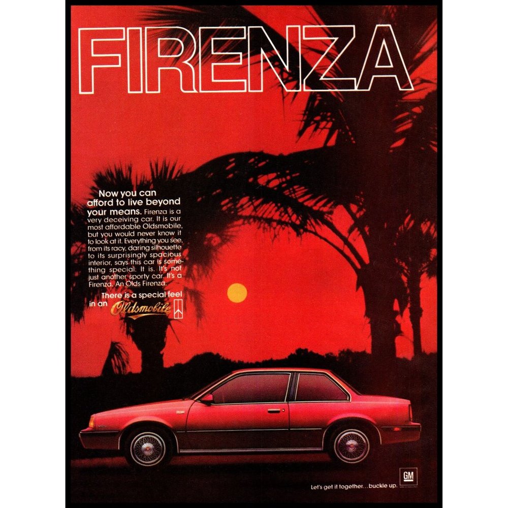 1986 Oldsmobile Firenza Coupe Vintage Print Ad Red Sunset Palm Trees Wall Art